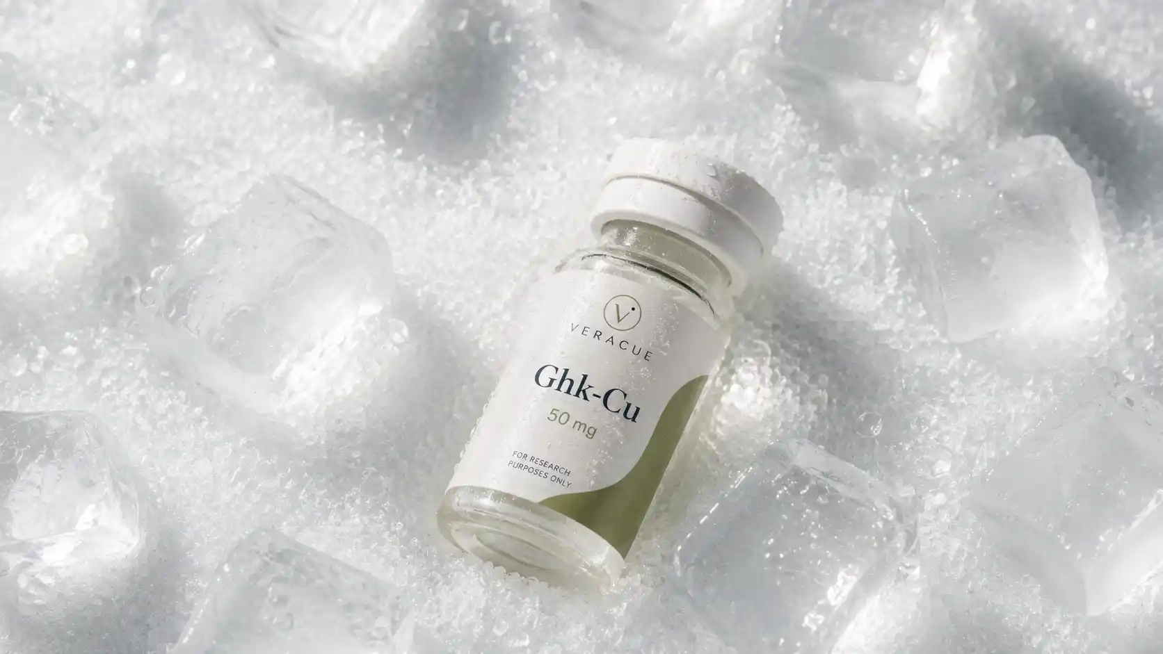 Veracue research peptide vial on an ice bed