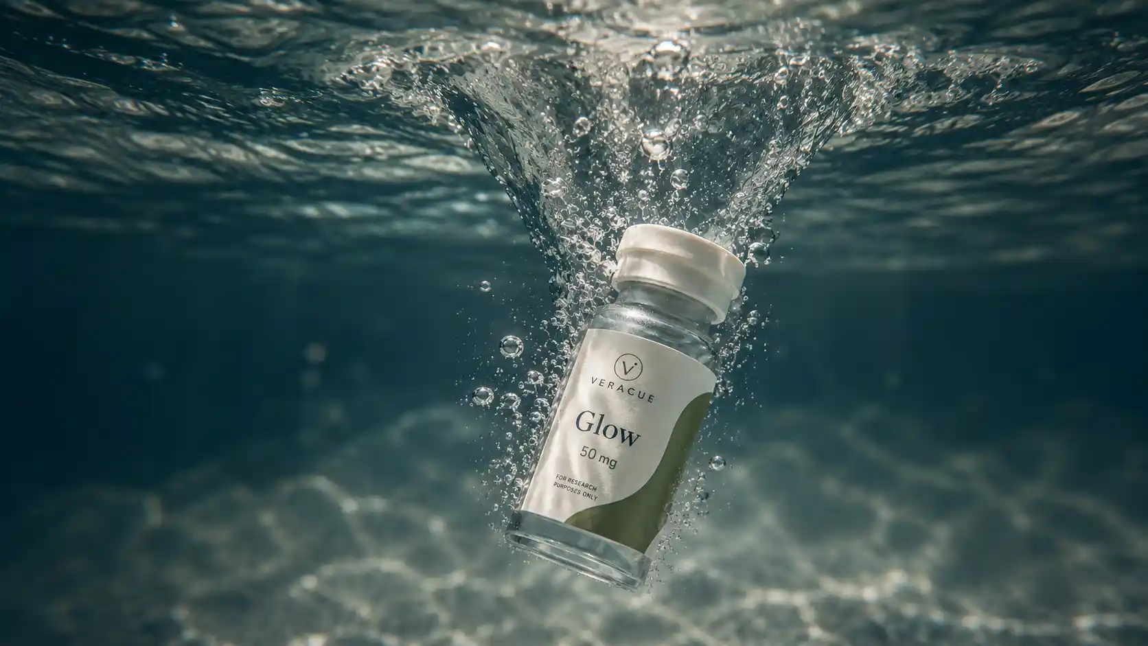 Veracue research peptide vial on an underwater seabed