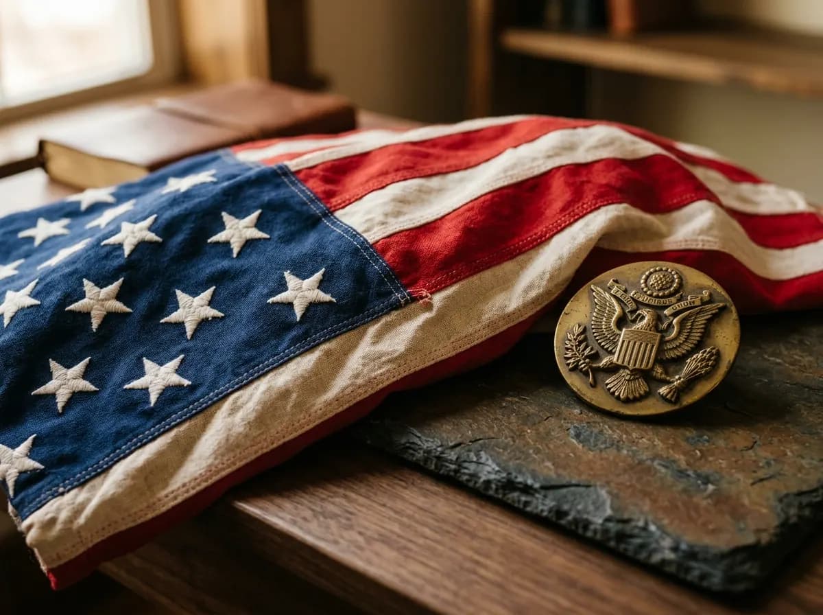 Dignified American US flag with embroidered stars and bronze military seal honoring service members