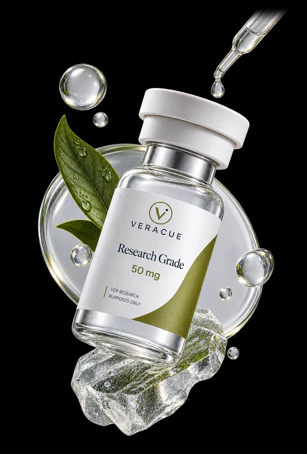 Veracue Lyophilized Peptide Vial on Ice with Precision Dropper